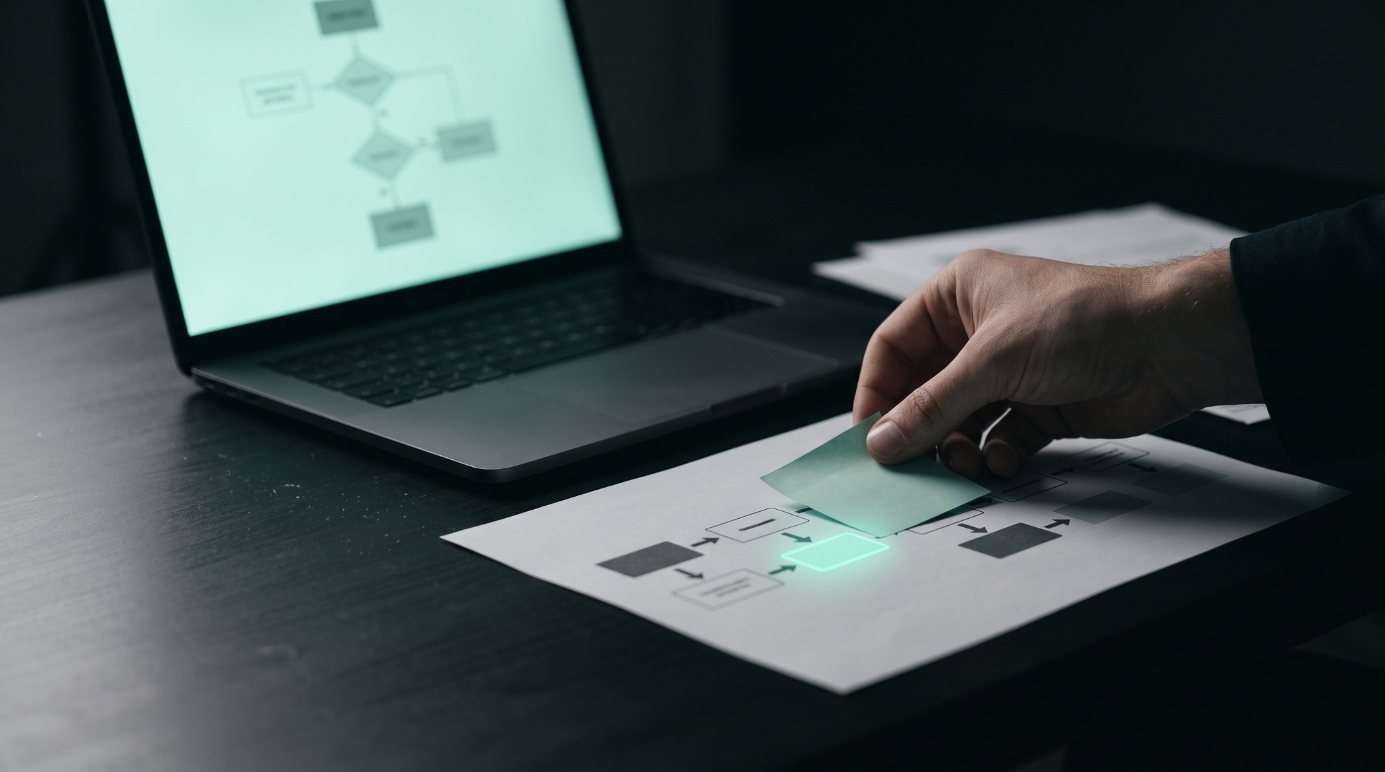 Process map on a desk with a step highlighted during a workflow review