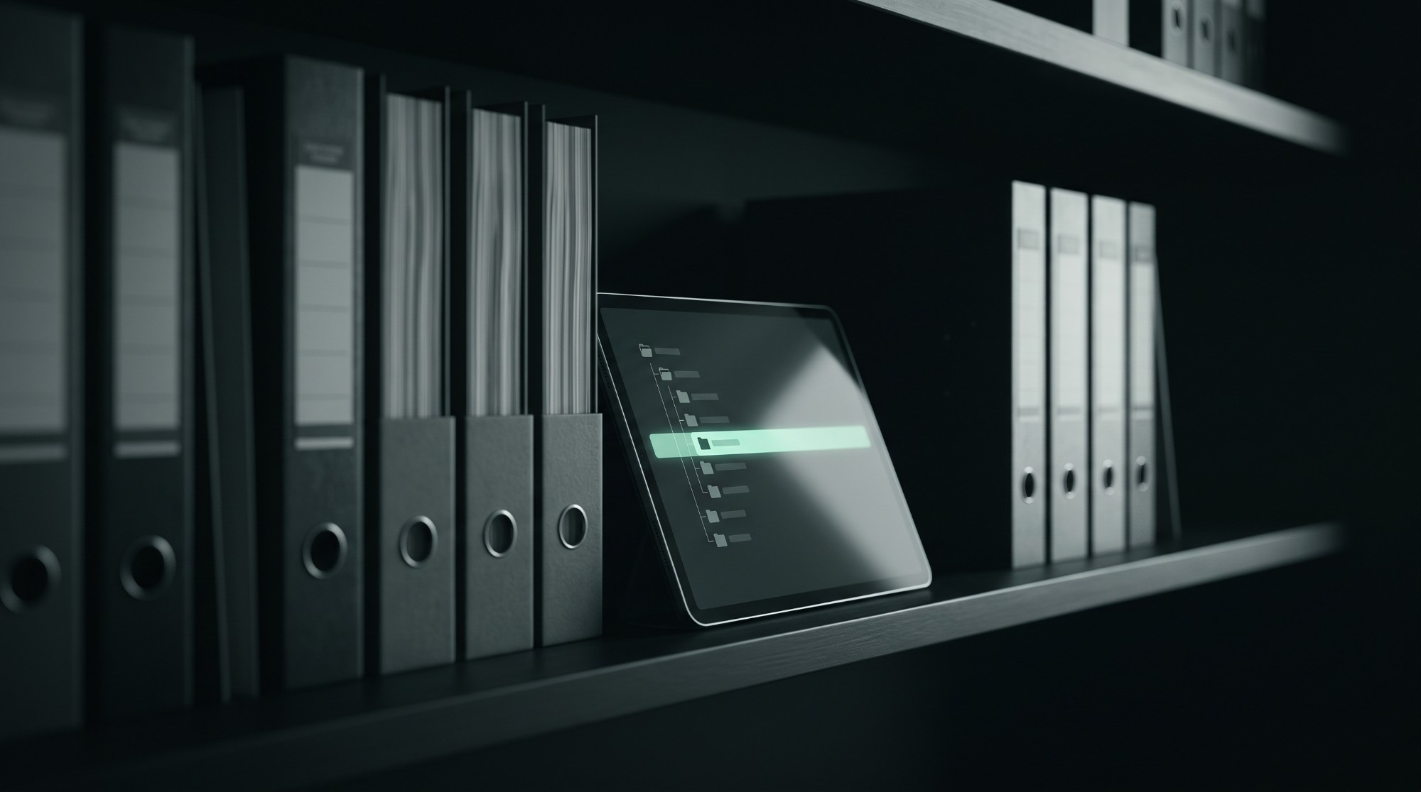 Labelled binders on a shelf beside a tablet showing a document folder structure